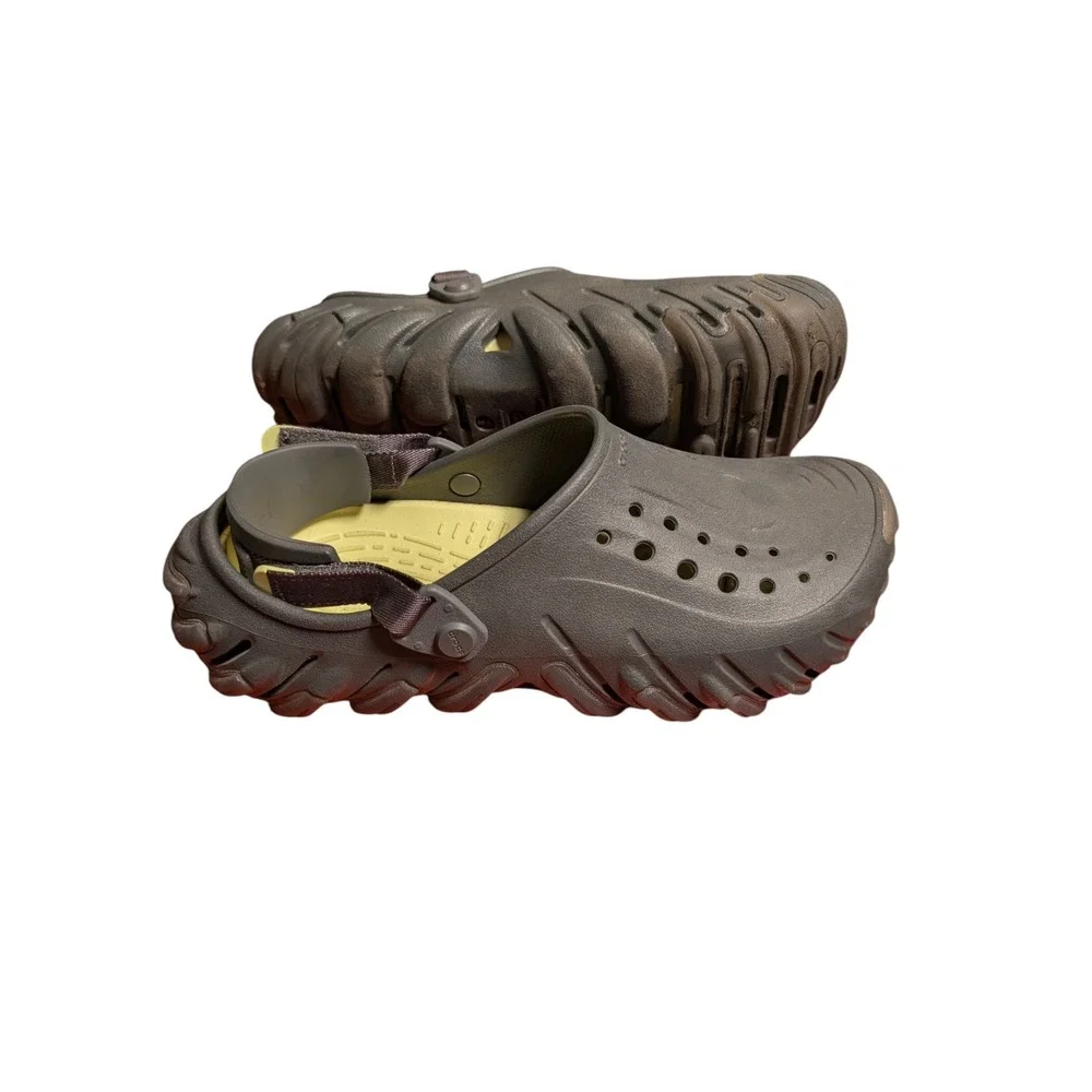 Crocs Echo Clog Espresso Brown Yellow Adjustable Strap Mens 9 Womens 11 Sandals